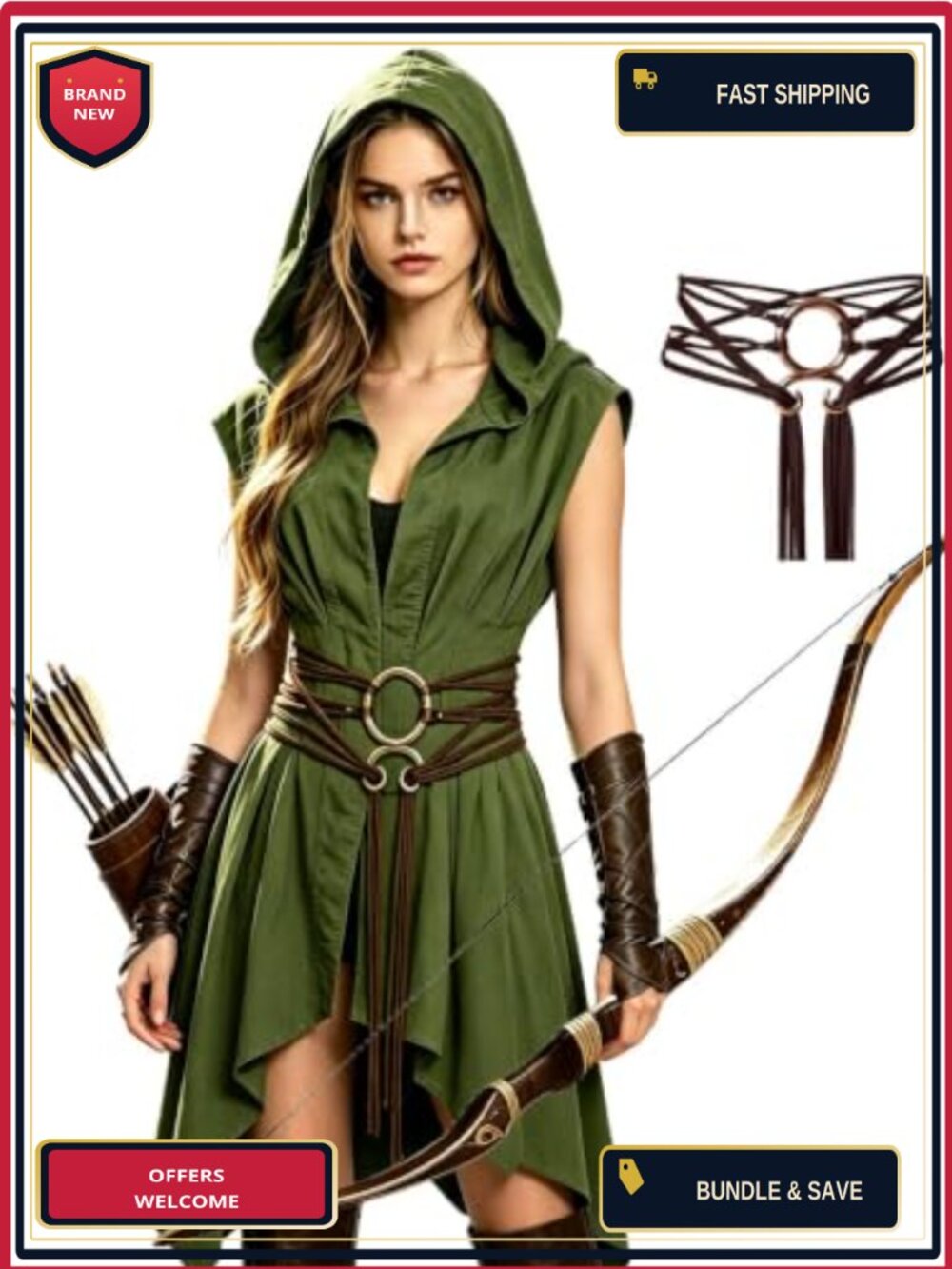Medieval Hooded Surcoat Sleeveless Viking Tunic with Belt Cosplay Costume